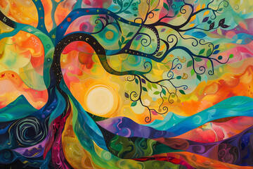 Abstract Colorful Tree of Life with Vibrant Patterns and Artistic Elements