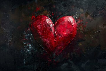 Vibrant Red Heart: Textured Artistic Expression on Dark Abstract Background