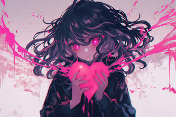 Heart of Light: Anime Character Holding a Glowing Pink Heart, Radiating Magic and Emotion