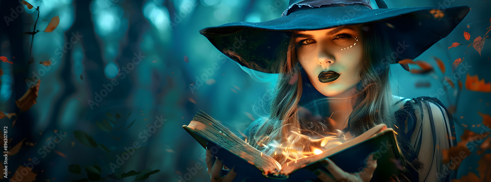 Canvas Prints Halloween Witch girl with magic Book of spells portrait. Beautiful young woman in witches hat conjuring, making witchcraft. Over spooky dark magic forest background. Wide Halloween party art design.