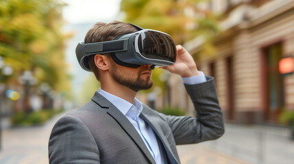 Businessman Experiencing Virtual Reality on City Street