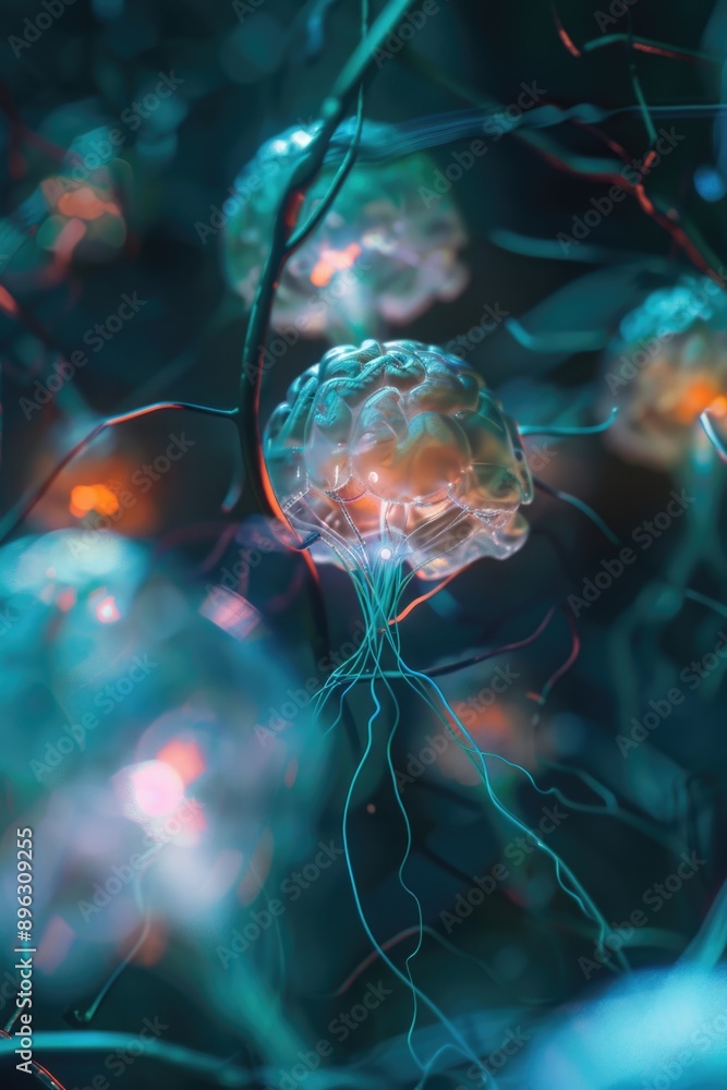 Poster microscopic view showing dendrites and cell bodies of human neurons, focusing on their intricate bra