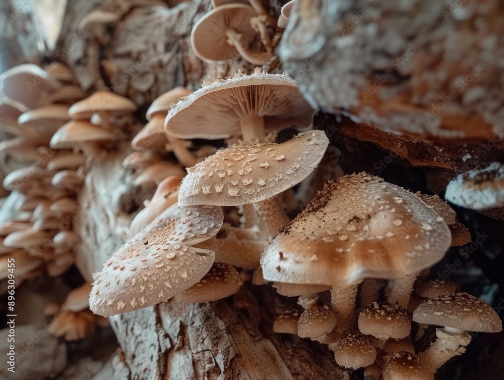 Poster close-up of various fungi sprouting from a tree surface. some are wet, indicative of recent rainfall