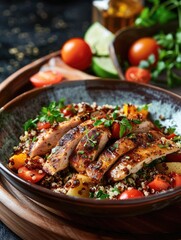 Fototapeta premium Close-up of a plate with tender grilled chicken pieces topped with spices, served over rice and vegetables. This dish offers a burst of flavor and texture, perfect for a hearty meal.