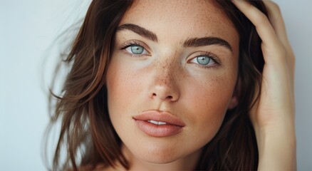 Close-Up Portrait of Woman With Freckles and Blue Eyes