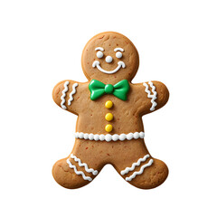 Smiling Gingerbread Man Cookie with Green Bow and Yellow Buttons. Christmas Decorated Cookie