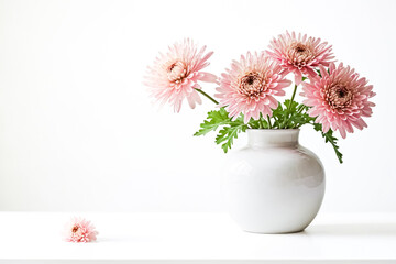 Fototapeta premium Pink Chrysanthemums in White Vase on White Background