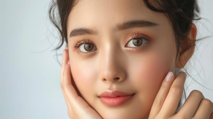 Naklejka premium This is a photograph of a woman with soft makeup, showcasing her facial features and the texture of her skin.