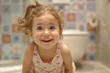 A young girl smiling in the bathroom, reflecting a sense of innocence and simple joy.