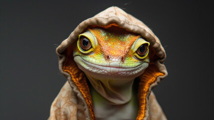 A lizard wearing a hoodie stares directly at the camera