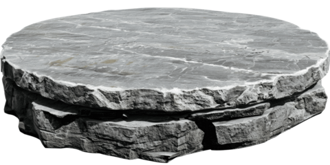Round flat stone or rock podium for product display presentation isolated in a transparent background. Cut out or PNG.