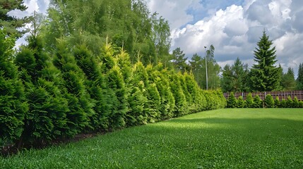 An evergreen thuja hedge in a park with beautiful landscaping among the trees and a mowed lawn in the backyard on a summer day