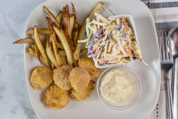 baked scallops with fries and cole slaw