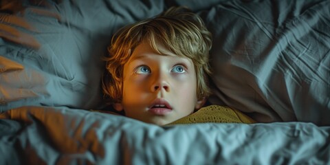 Sleepy young boy with wide-eyed expression looking up, under a blanket in his bed at night. Soft lighting and focus on the eyes create an air of quiet contemplation or perhaps a touch of fear.