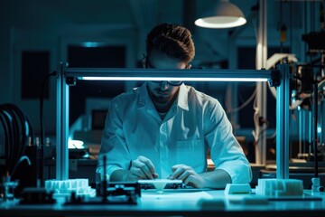 A scientist working in a laboratory, surrounded by various pieces of equipment and supplies. He is conducting experiments and analyzing data with precision.
