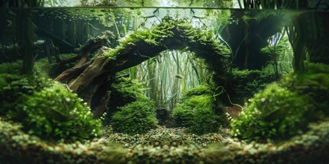 Mystical underwater jungle with vibrant green plants and lush foliage.