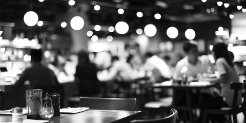 A lively restaurant scene with people enjoying their meals and conversations, captured in a blurred shot.