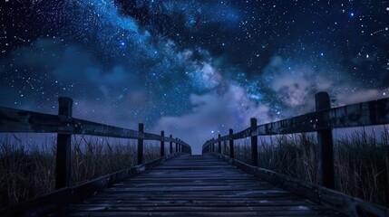 Nighttime scene of wooden bridge with stars above, leading to a serene landscape.