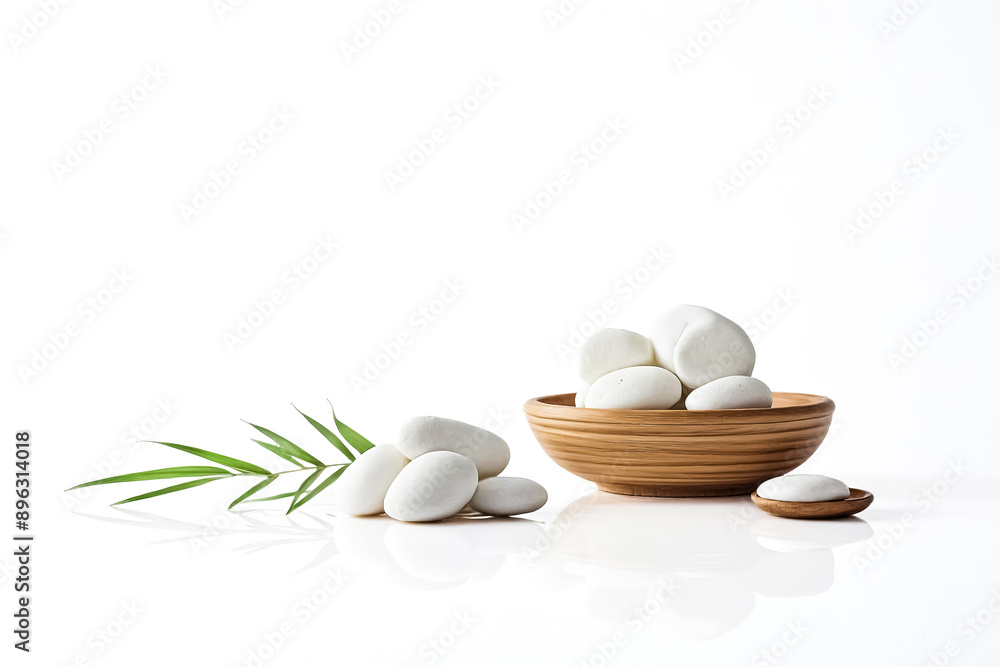 Sticker White Stones and Green Leaves in a Wooden Bowl on White Background