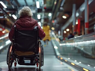 Obraz premium Senior using wheelchair in transit, escalator background, mobility aids for accessibility