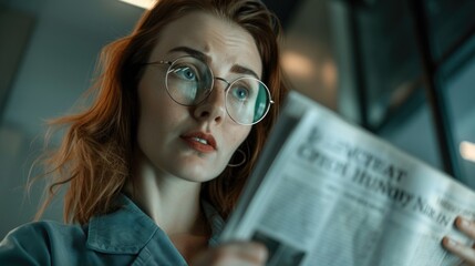 A woman reading a newspaper, appearing focused and thoughtful. A modern setting with clean lines and lighting.