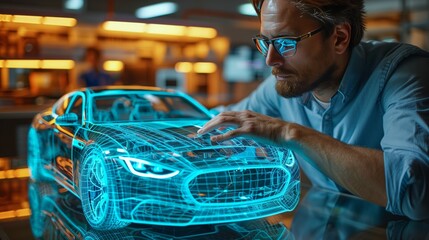 Man Interacting With Holographic Car Model in a Studio