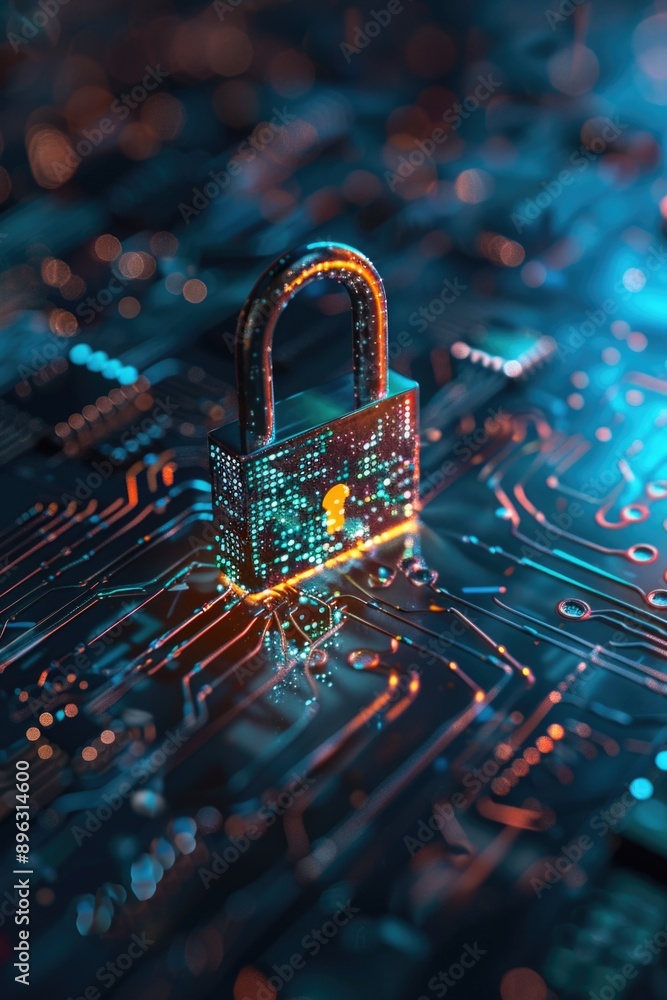 Poster digital cyber security and privacy concept. encrypted lock on a circuit board background.