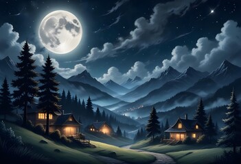 Fototapeta premium A mystical landscape with a full moon in the night sky, surrounded by swirling clouds and mountains in the background. In the foreground, there are silhouettes of trees and houses against the starry s