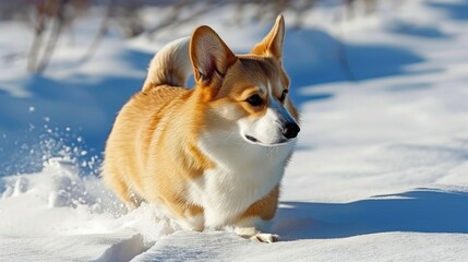 Cute brown and white dog running through snow. Happy corgi enjoying winter activity.