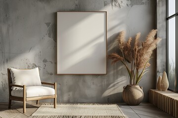 Canvas mockup on background of minimalist interior with armchair and rustic decor, 3d rendering