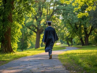 Fototapeta premium A graduating student walking in academic regalia, celebrating the completion of their educational journey.