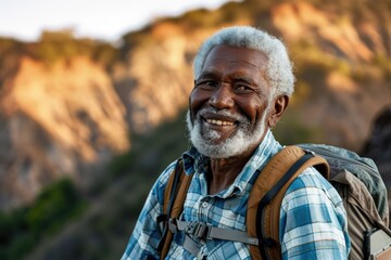 Elderly man hikes with a backpack, smiling at the camera. Adventure and outdoor enthusiast.