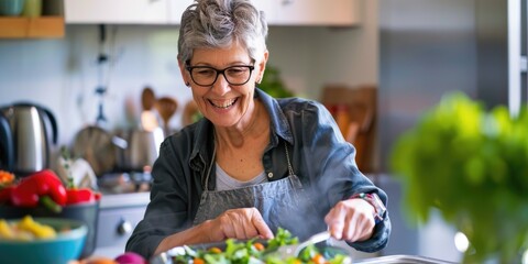 Woman with glasses and black shirt working at a cutting board, preparing food.