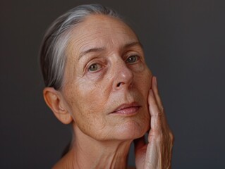 Fototapeta premium The woman is touching her face and has lines on her skin, indicating she might be elderly.