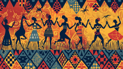 Celebrate African heritage with unique tribal patterns. Discover vibrant illustrations of giraffes and dancers, perfect for posters, social media, or wall art.