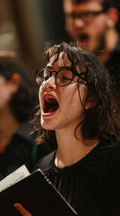 A young woman in glasses sings loudly while holding a songbook