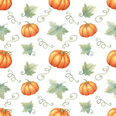 Orange pumpkins with green leaves and vines clipart. Watercolor seamless pattern Perfect for autumn-themed wrapping paper, fabric design, party invitations, and seasonal decorations.