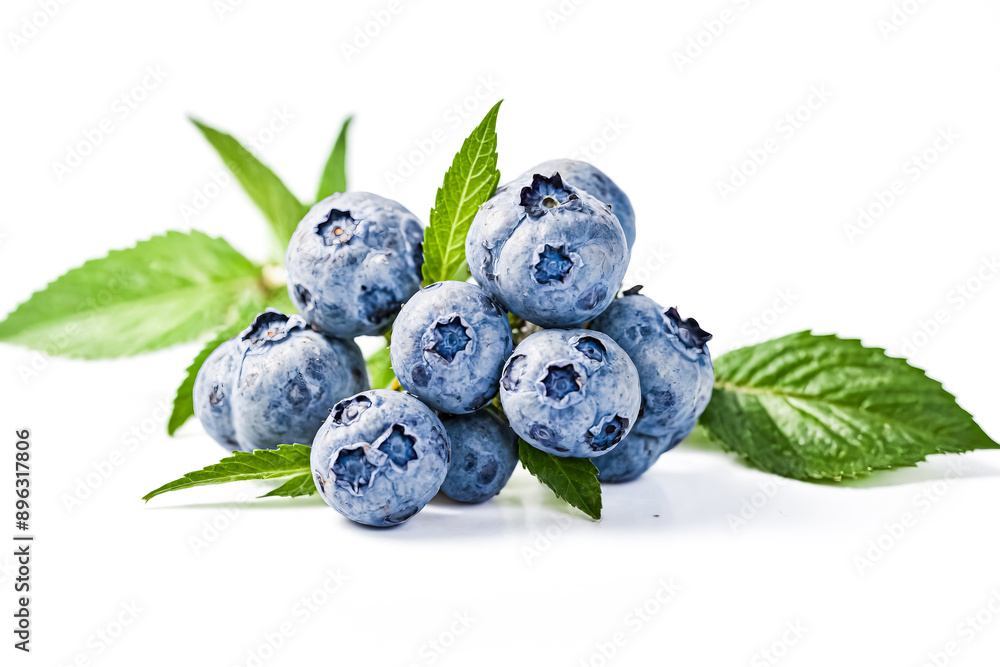 Poster Fresh Blueberries with Green Leaves