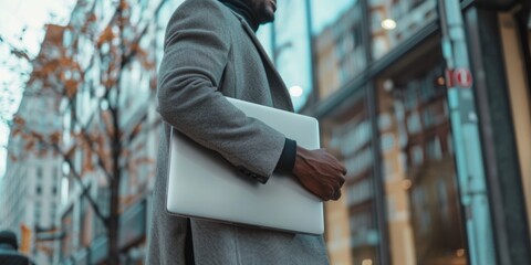 Businessman walking down street with laptop bag.