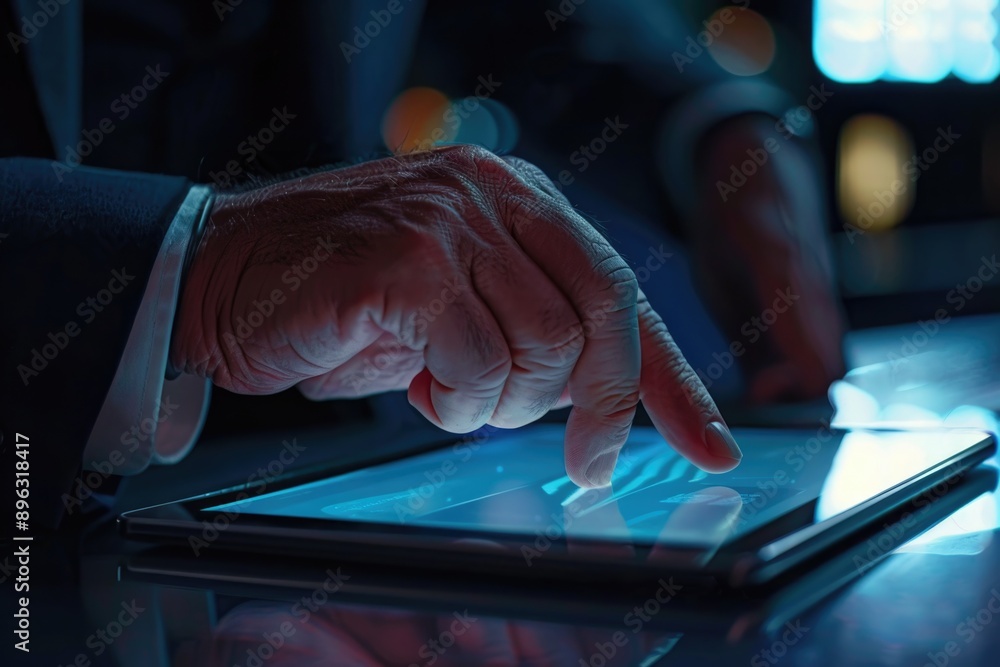 Poster the image shows a businessman using a tablet computer, indicating modern technology integration into