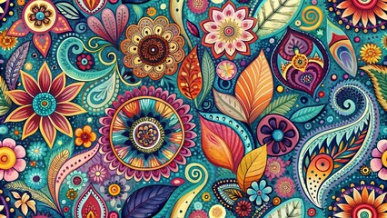 Abstract hand drawn seamless pattern with geometric and brush painted elements.flower,paisley,geometric textured colorful background. Modern poster, card, textile, wallpaper template, wrapping paper d