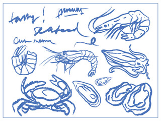  Isolated vector set of hand drawn seafood. Shrimps, langoustines, prawns, salmon, trout, oysters, mussels, squid, crab, lemon, octopus, rosemary, sea urchin. Сhalk drawing. Chalkboard.