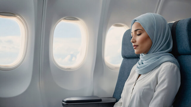 Muslim business woman wearing hijab is sleeping on plane during flight. Elegant woman taking a nap in business class, window seat