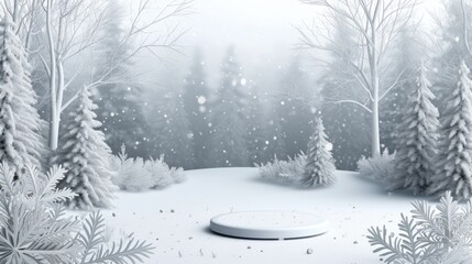Fototapeta premium Snowy landscape with forest and pathway. Winter season festive atmosphere.