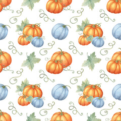 Seamless pattern in watercolor with orange and blue pumpkins and green leaves. Backdrop clipart Perfect for festive tablecloths, event invitations, themed merchandise, and seasonal home decor