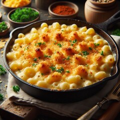 Macarrão ao molho branco ao sugo, gratinado com queijo ralado por cima e folhinhas de salsinha, feitos na frigideira de ferro.
