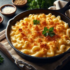 Macarrão ao molho branco ao sugo, gratinado com queijo ralado por cima e folhinhas de salsinha, feitos na frigideira de ferro.