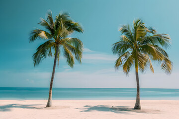 Tropical palms standing tall on sandy shore beneath clear blue sky. Innovative design. Blank area for text or logo. Tropical paradise vibes
