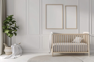 a baby room with a crib and a plant