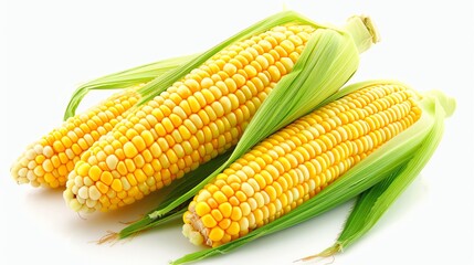 Three fresh corns with green husks isolated on white background. High quality photo for food magazines, blogs, websites, ads.